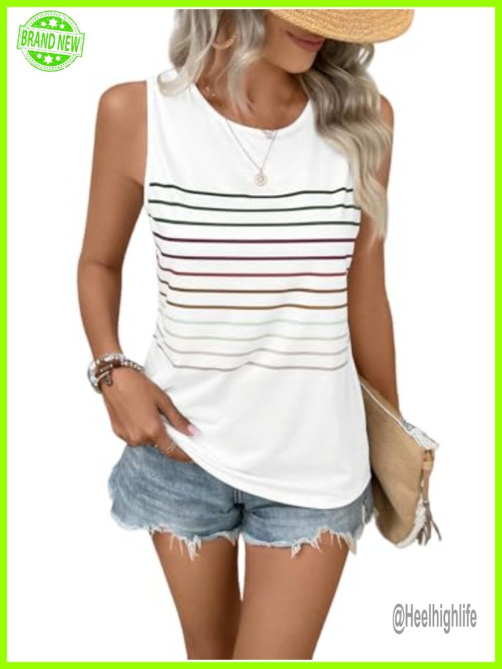 Striped Tank Top Sleeveless Crewneck Slim Fit Casual Summer Tee